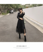韓版個性氣質淑女西裝領網紗長裙