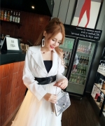 韓版時尚顯瘦西裝領中長款網紗拼接連身洋裝